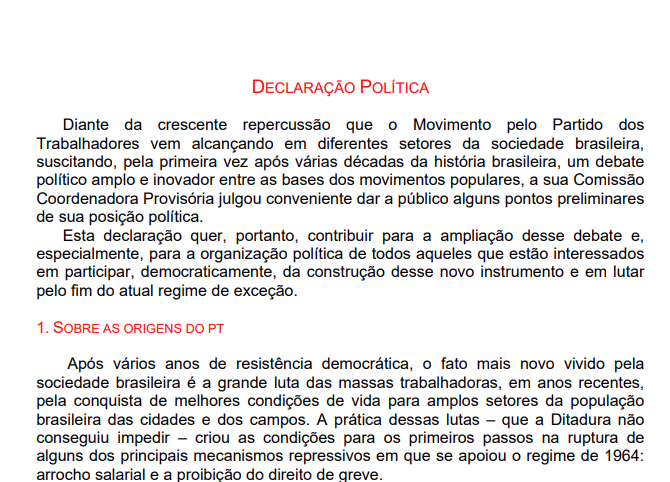 Declara O Pol Tica Do Movimento Pelo Partido Dos Trabalhadores Pt