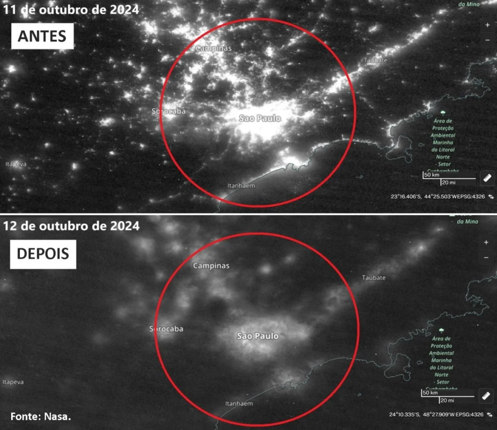 Na manhã de domingo (13), as duas regiões contabilizaram aproximadamente 900 mil residências sem luz cada
