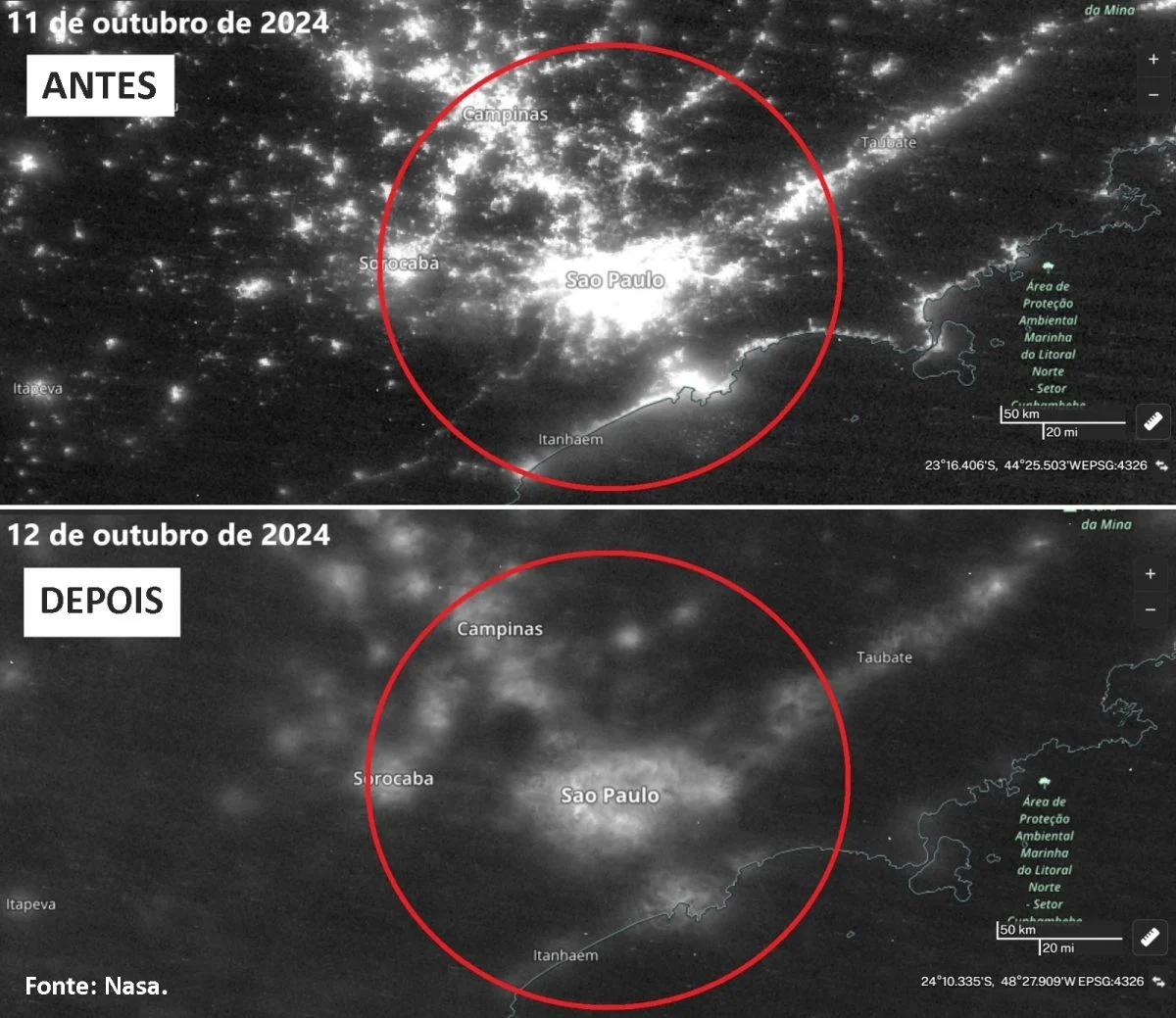 Na manhã de domingo (13), as duas regiões contabilizaram aproximadamente 900 mil residências sem luz cada