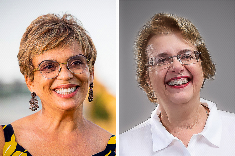 Uma colagem de duas fotos de mulheres brancas de cabelo curto e sorrindo, Marília Campos à esquerda e Margarida Salomão à direita