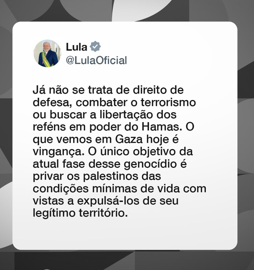 Lula condena violência em Gaza e classifica ações como "vingança" Lula condena violência em Gaza e classifica ações como "vingança"