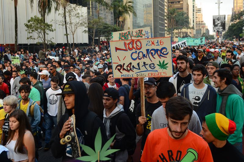 Multidão em marcha pela legalização da cannabis em avenida urbana