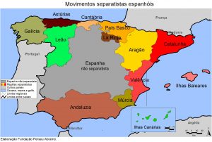 mapa da Espanha com divisões entre regiões que tem movimentos separatistas e movimentos não separatistas