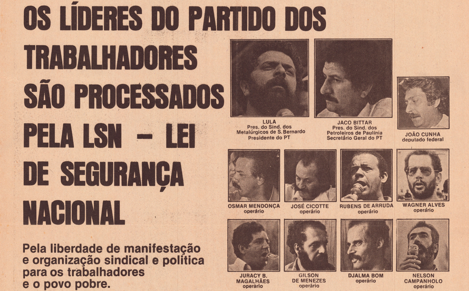 Líderes do PT processados pela Lei de Segurança Nacional