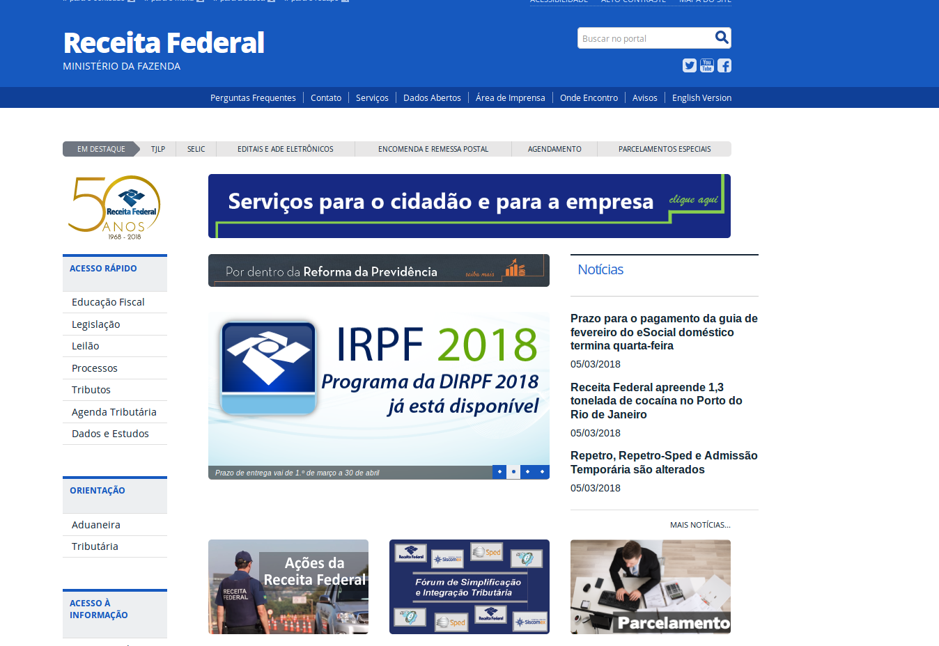 Portal Receita Federal: IRPF 2018 e Serviços Públicos