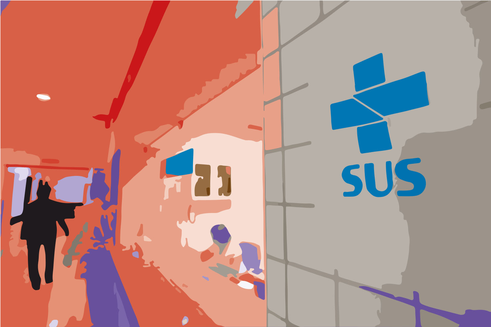 SUS: Pessoa em corredor de hospital e logo do sistema.
