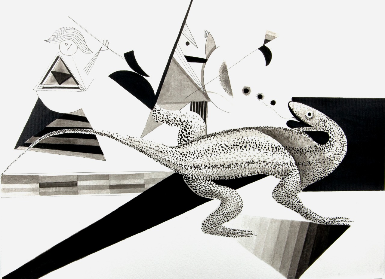 Lagarto Pontilhado em Composição Abstrata Geométrica