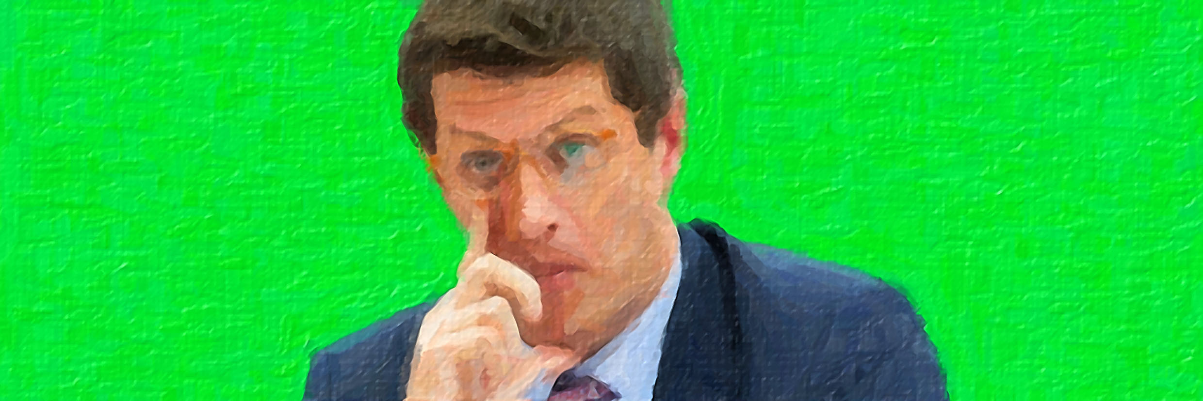 Homem pensativo em fundo verde vibrante, estilo pintura