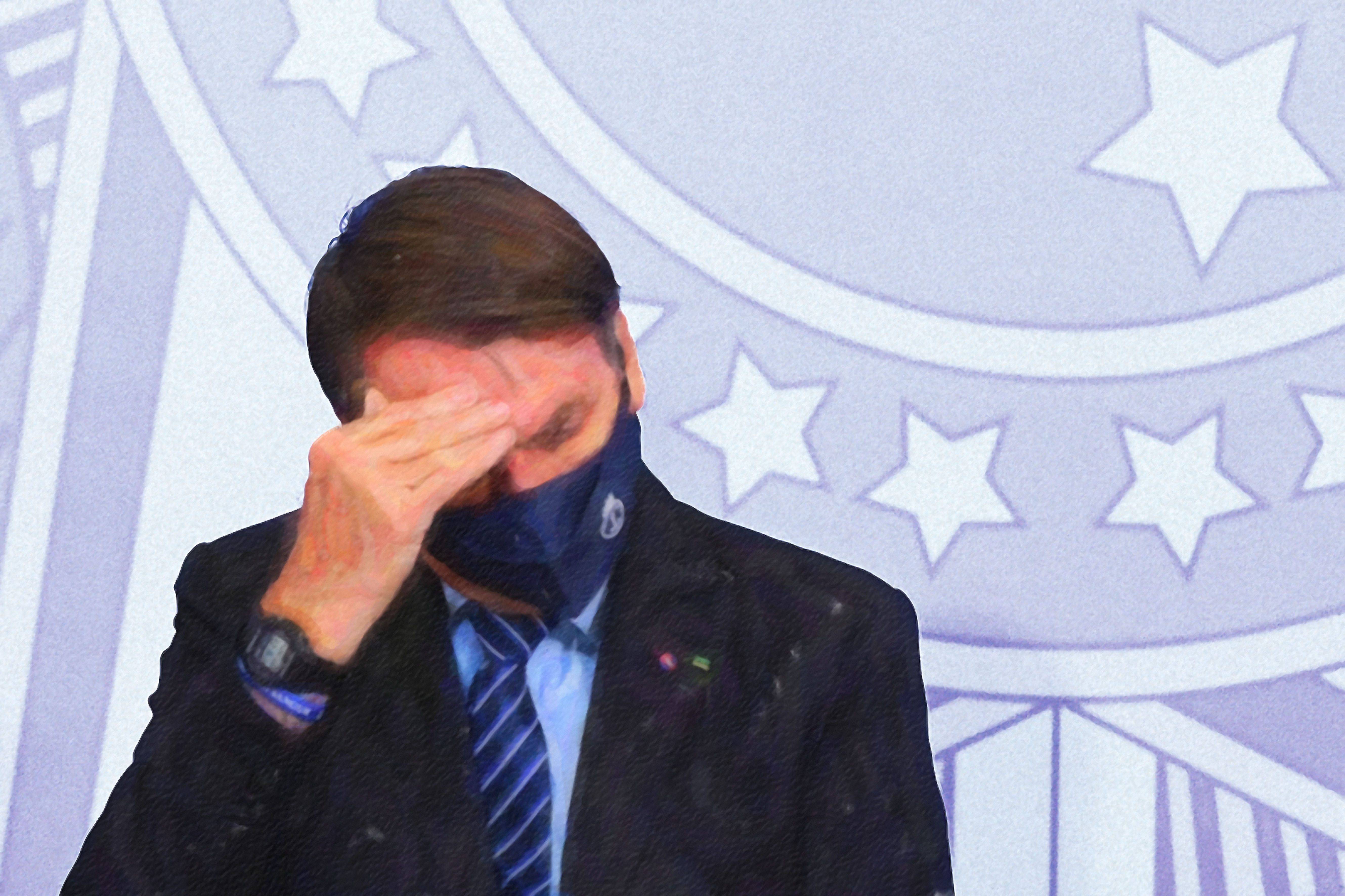 Líder Político Angustiado com Máscara e Mão no Rosto