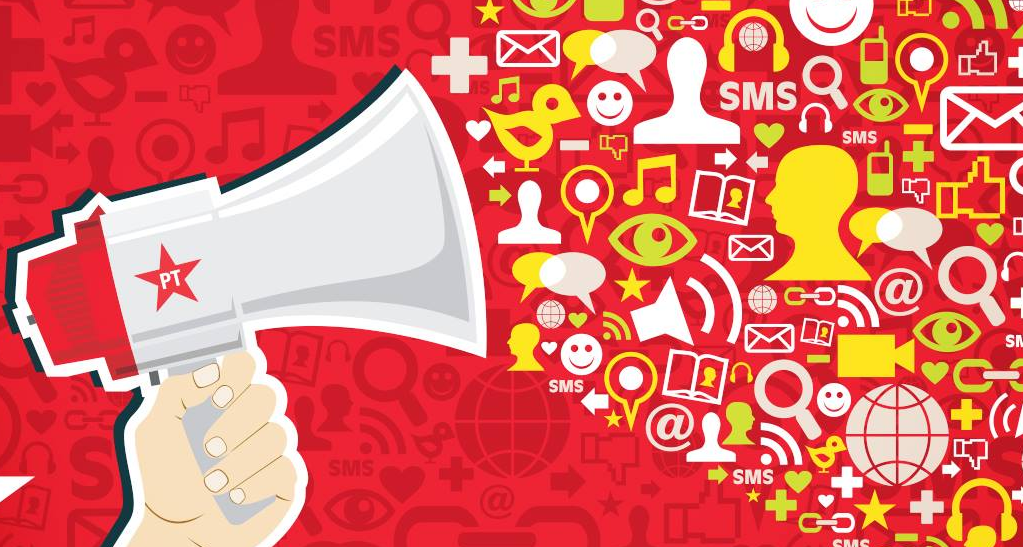 Megafone, PT e Símbolos de Comunicação Digital em Vermelho