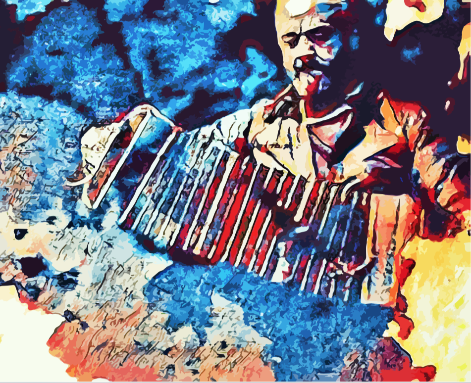 Músico Intenso Tocando Sanfona em Arte Vibrante