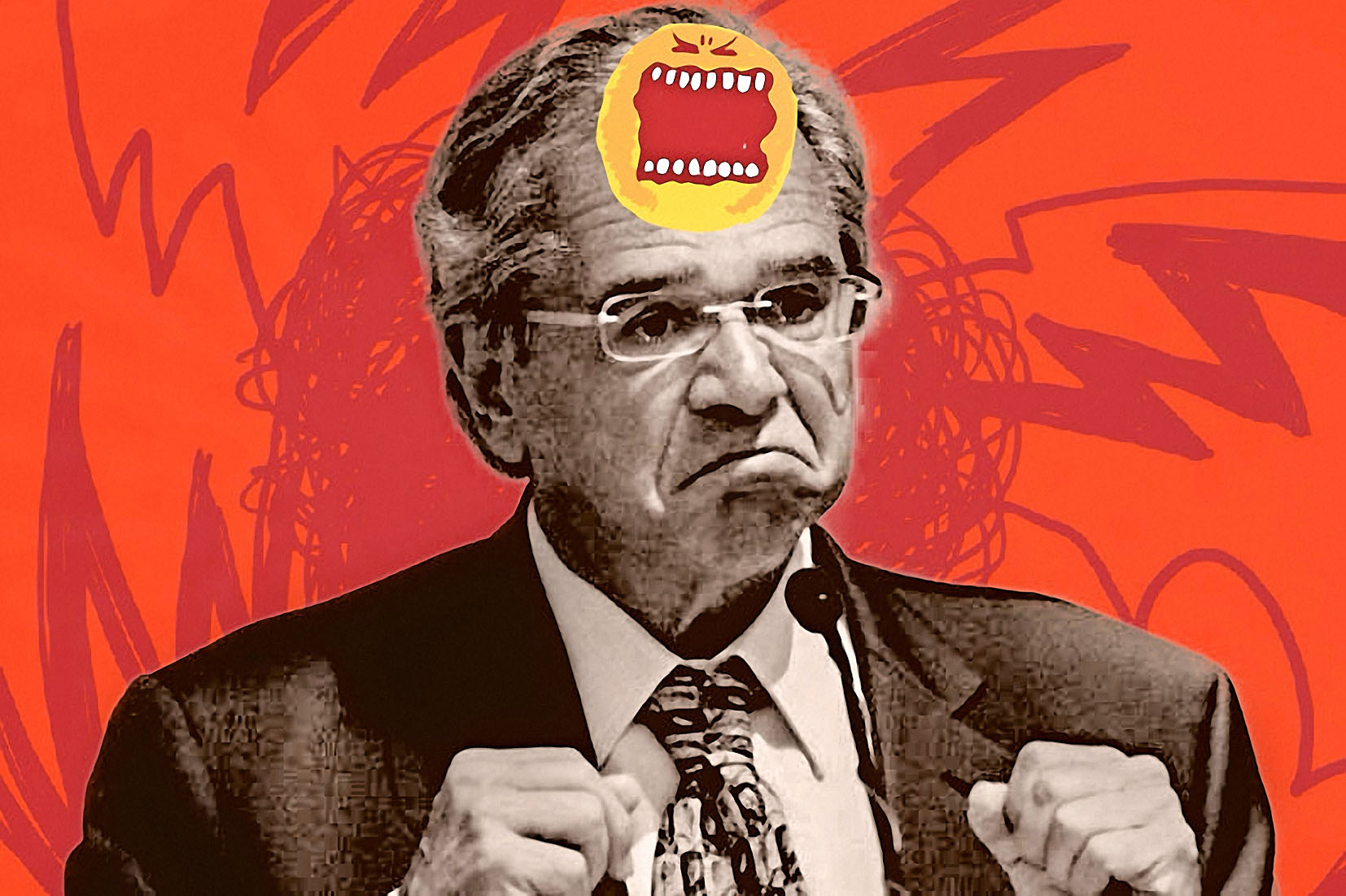 Indignação e Crise: Homem Fura os Punhos em Fundo Vermelho