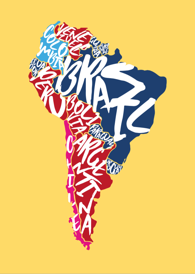 Mapa da América do Sul com Nomes de Países Estilizados