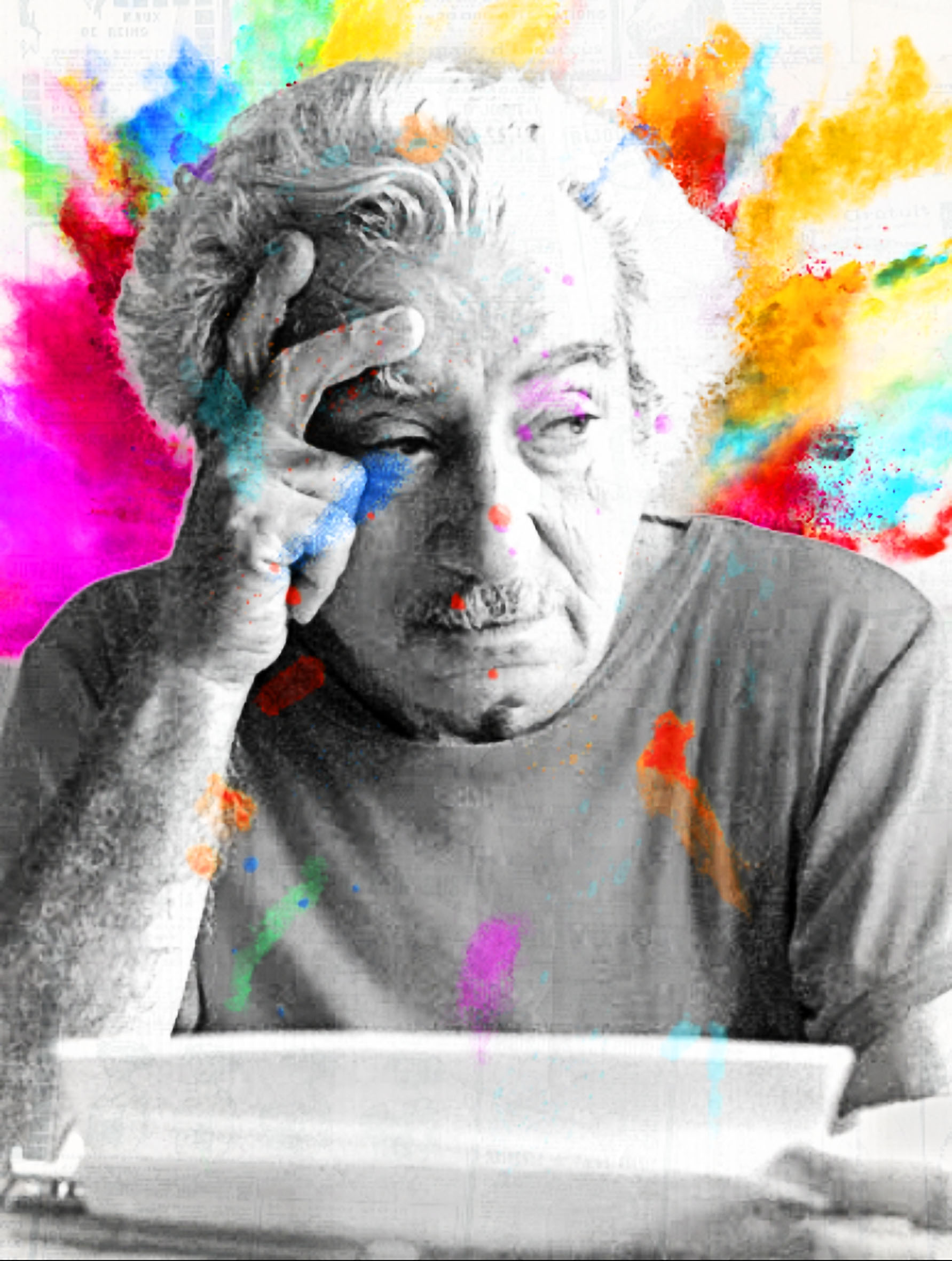 Intelectual em Reflexão com Explosão de Cores