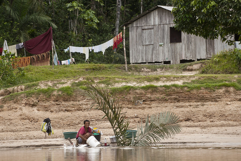 Cotidiano Ribeirinho: Mulher lava roupa em comunidade amazônica