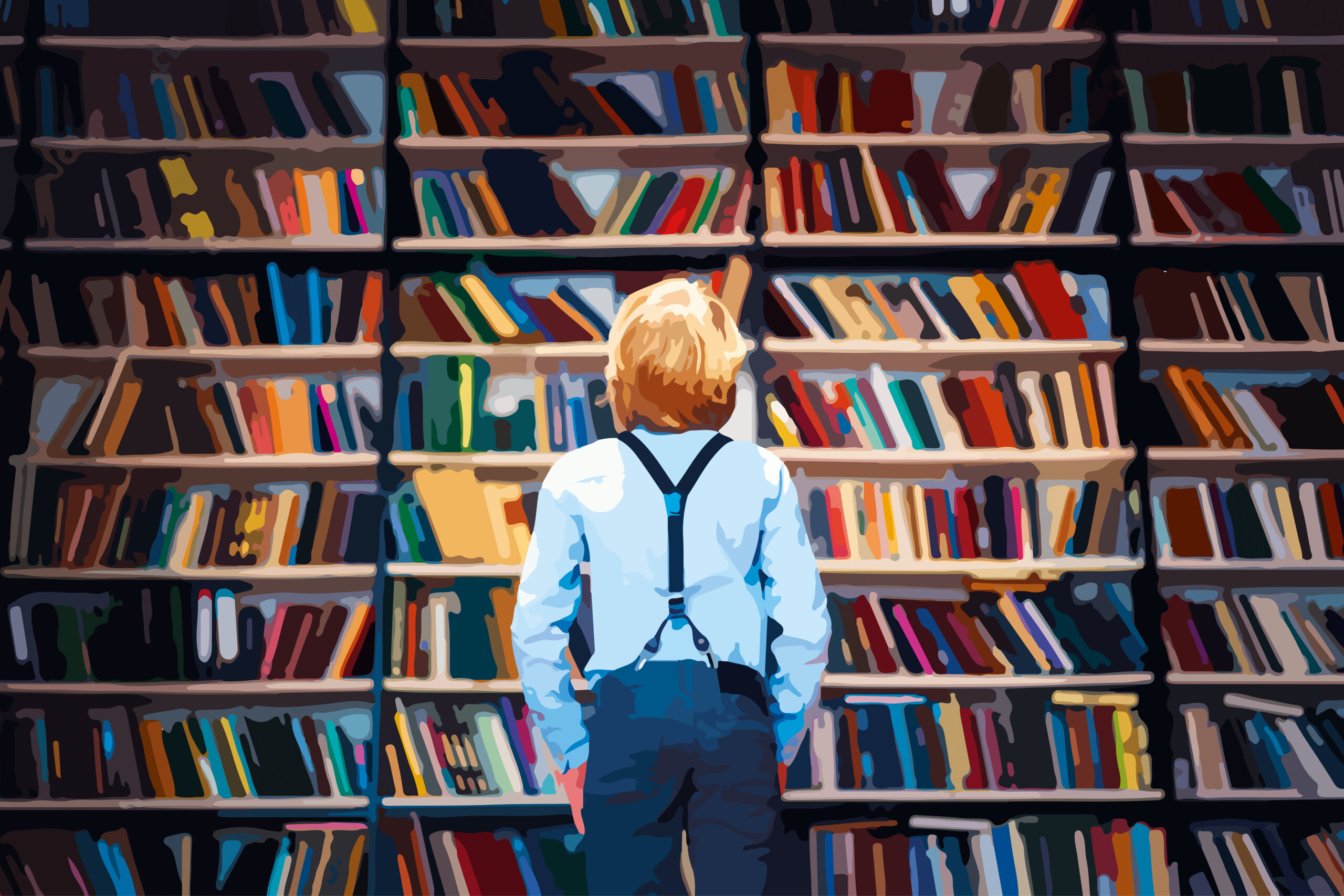 Pessoa em Biblioteca: Contemplação e Busca por Conhecimento