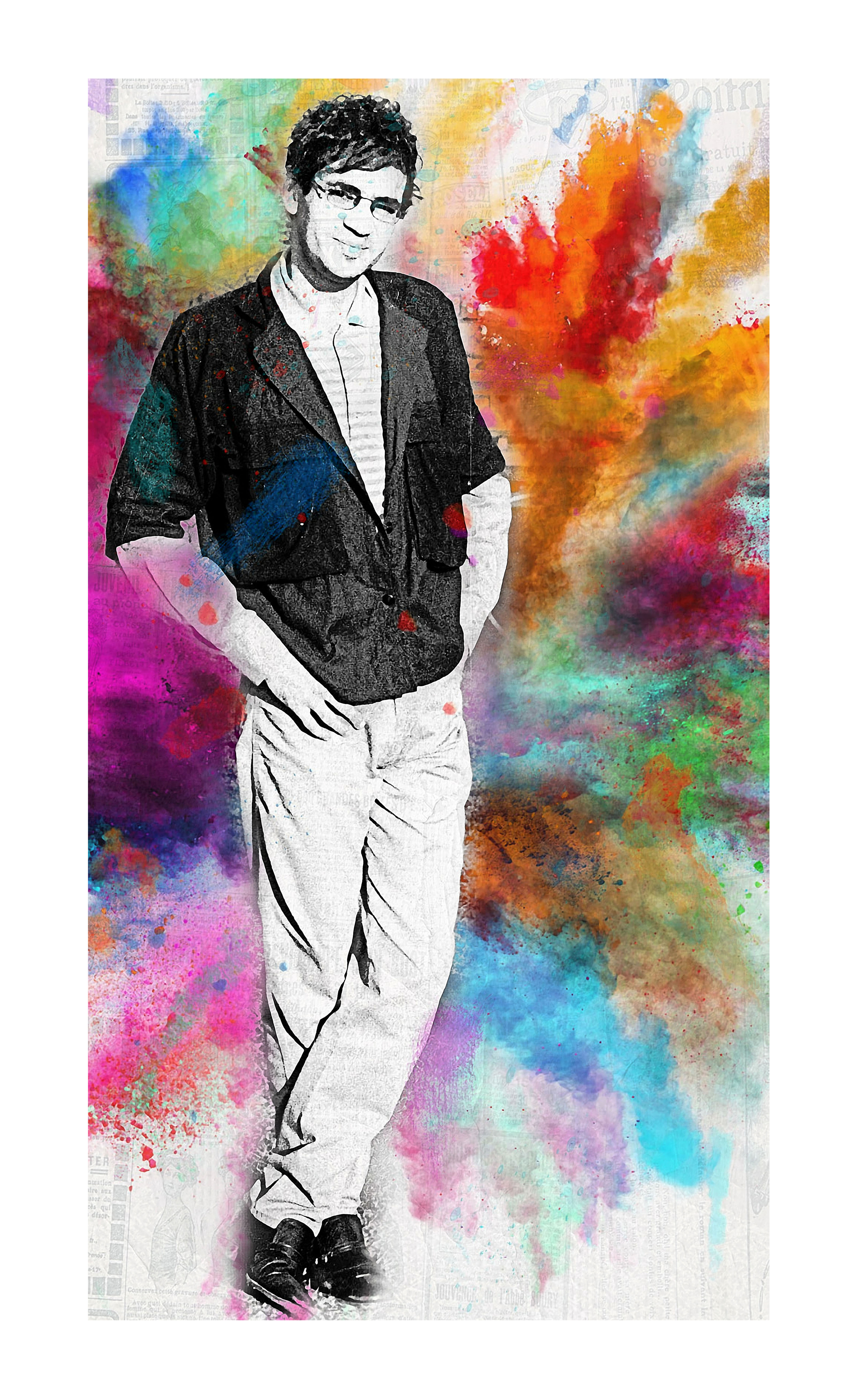 Retrato Artístico: Homem, Cores Vibrantes e Fundo de Jornal