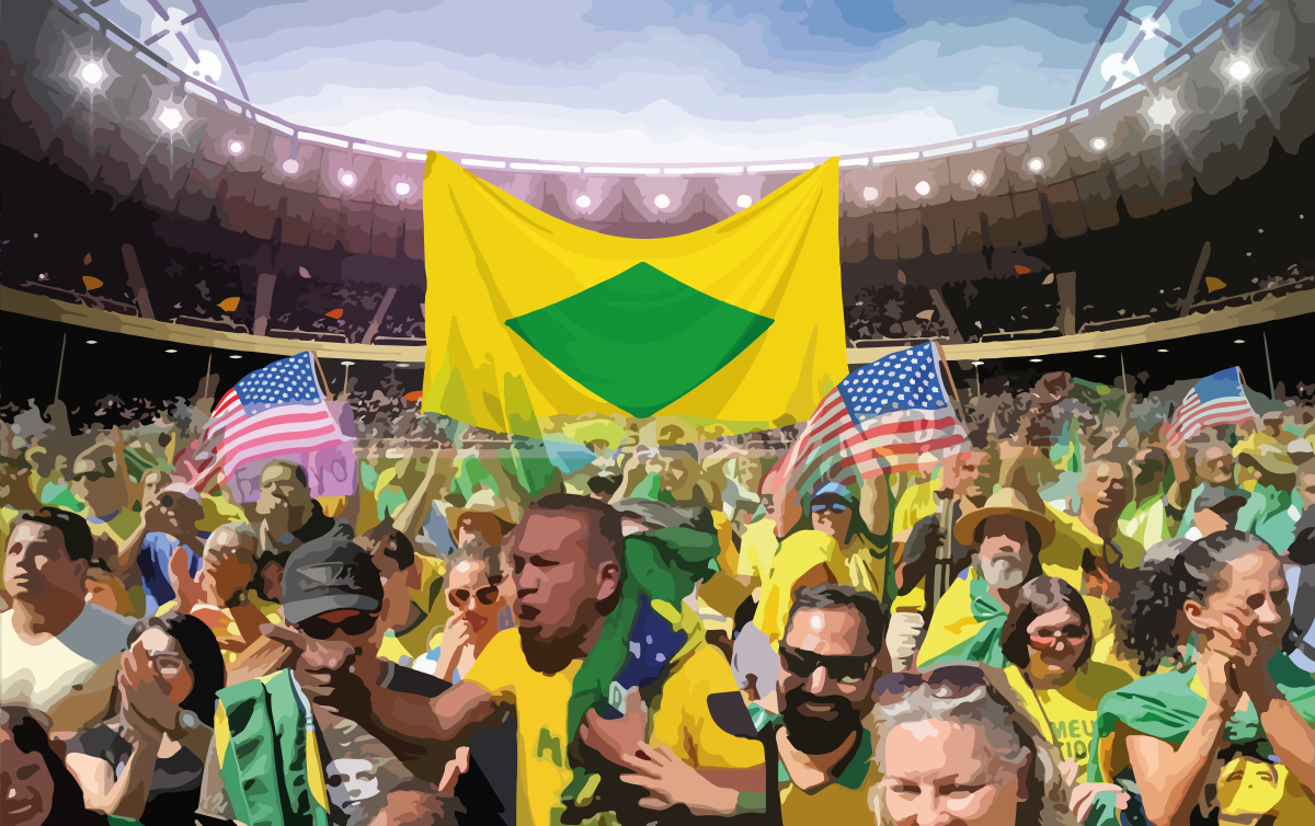 Multidão Vibrante em Estádio com Bandeiras do Brasil e EUA