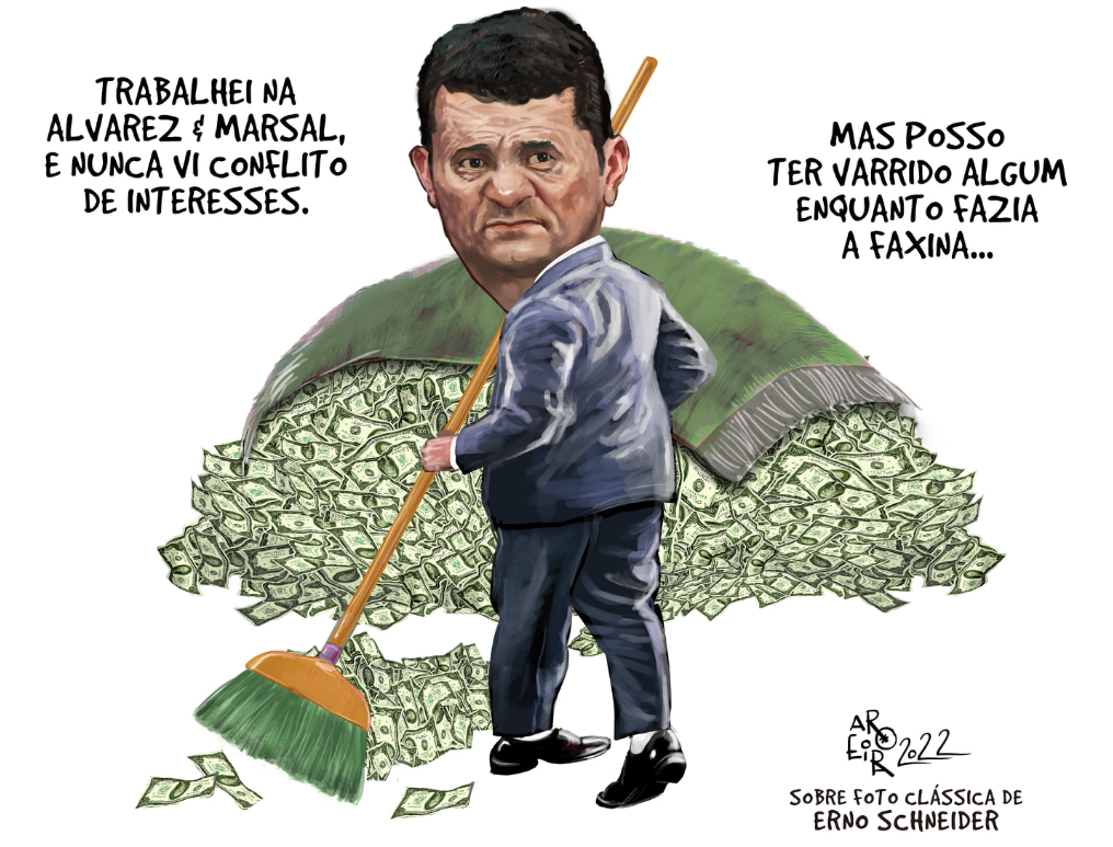 Sérgio Moro varre dinheiro sob tapete em crítica política.