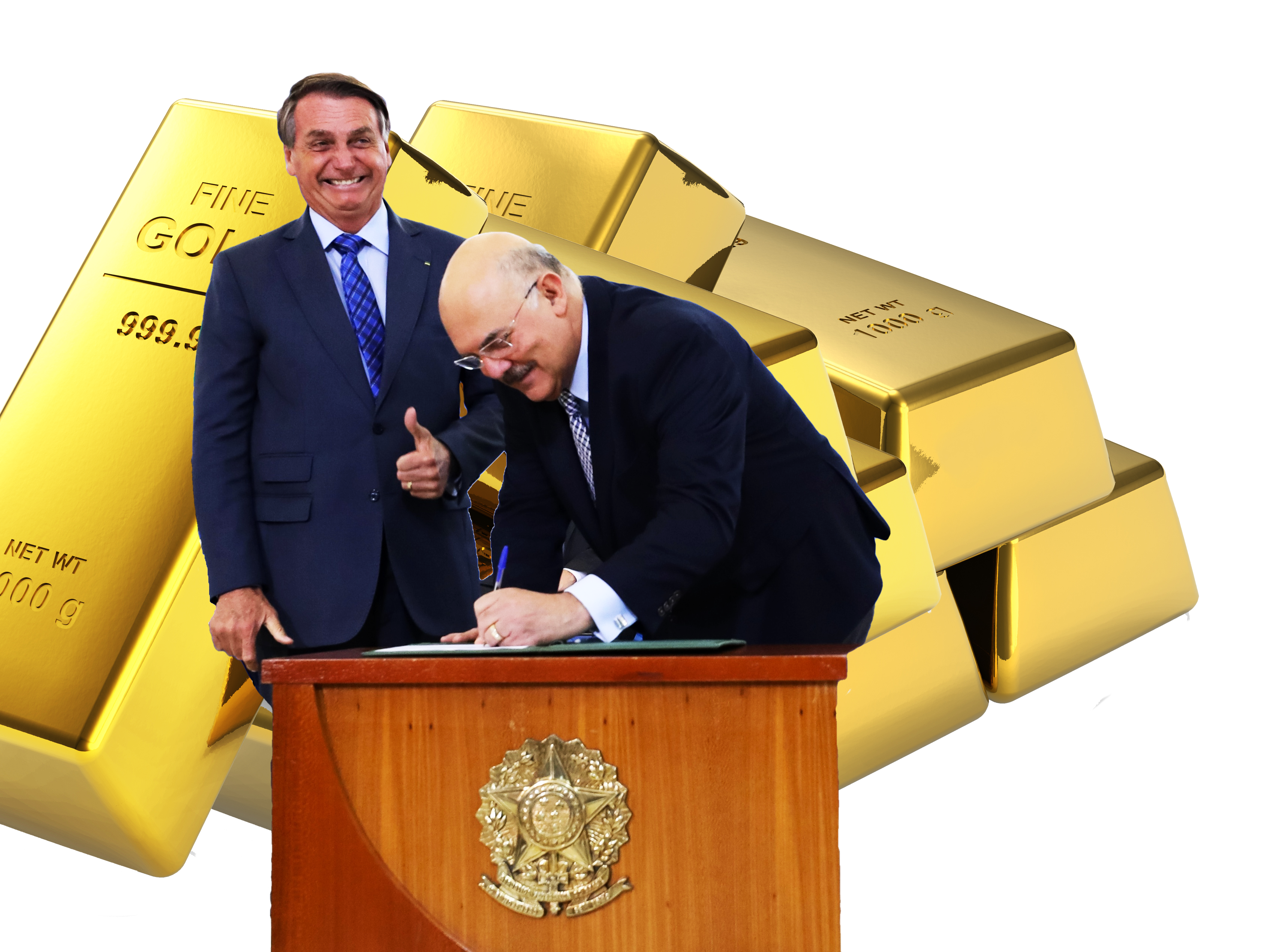 Bolsonaro e Ministro Assinam com Barras de Ouro ao Fundo