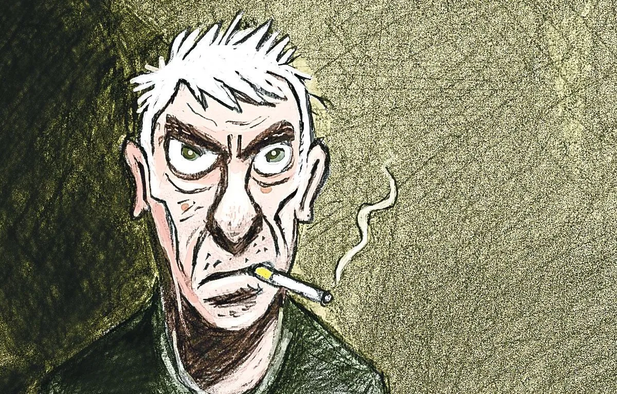 Homem de Rosto Irritado Fumando Cigarro