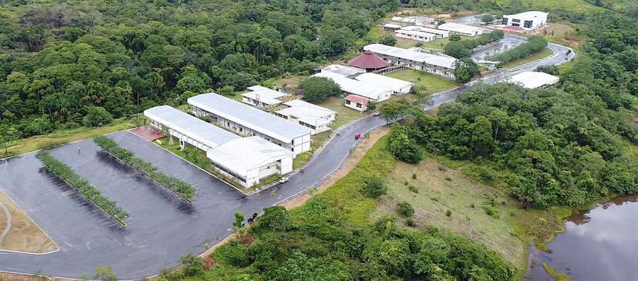 Vista aérea de campus acadêmico em floresta exuberante