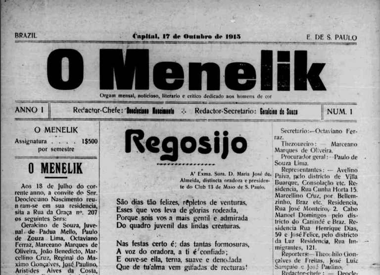 Fundação do jornal Menelik para difusão da cultura negra