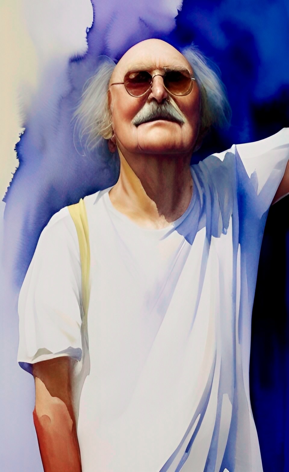 Homem idoso de óculos em fundo abstrato azul