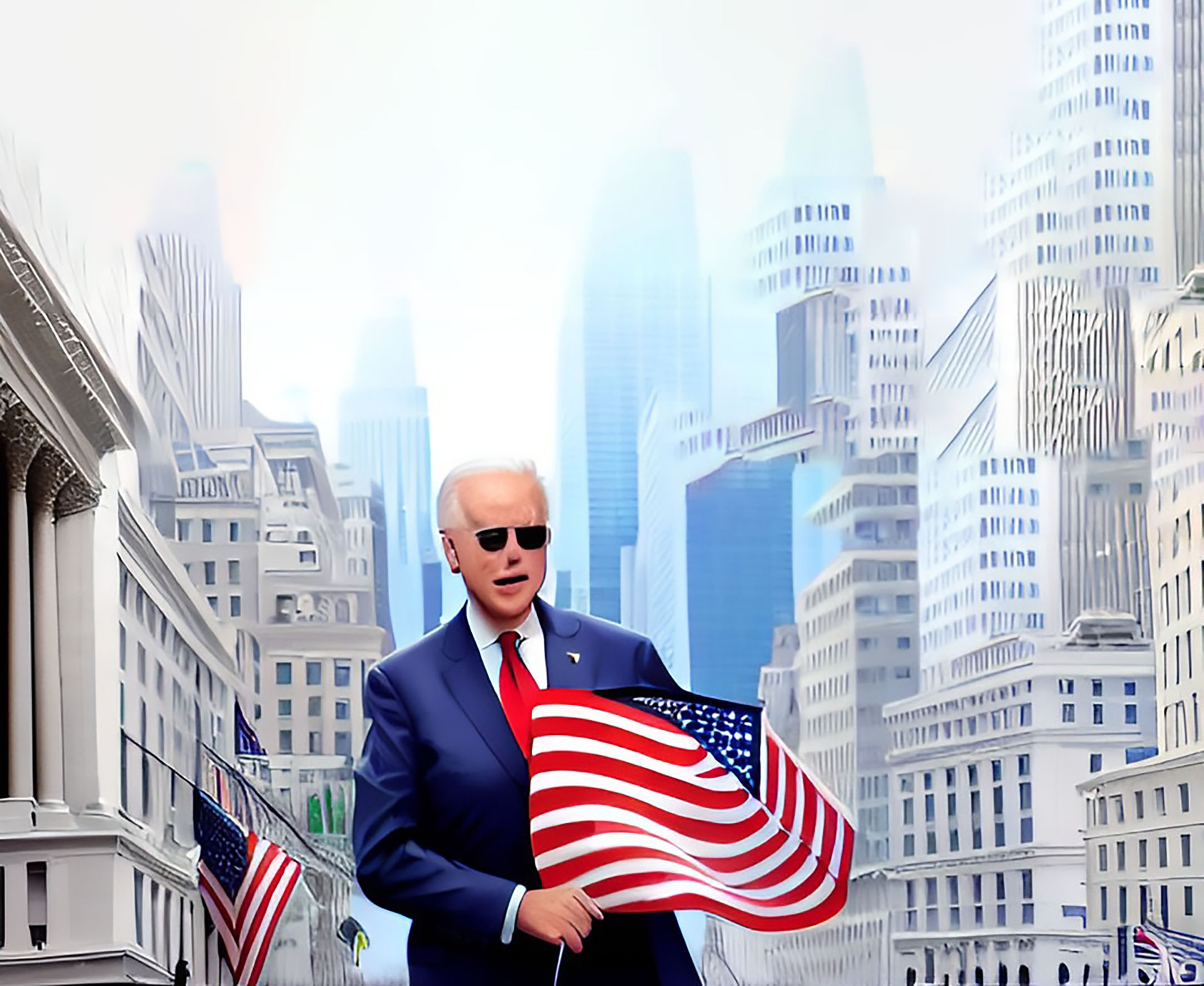 Joe Biden com Bandeira Americana em Cenário Urbano