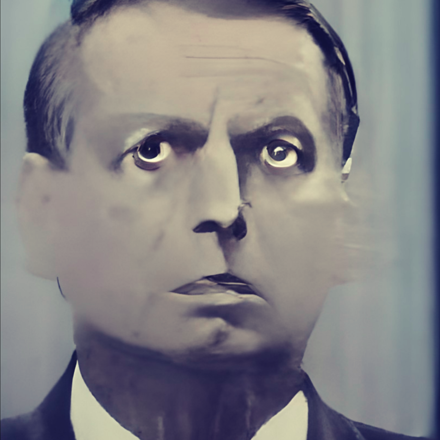 Rosto Masculino Intenso, Tons Sombrios e Distorção