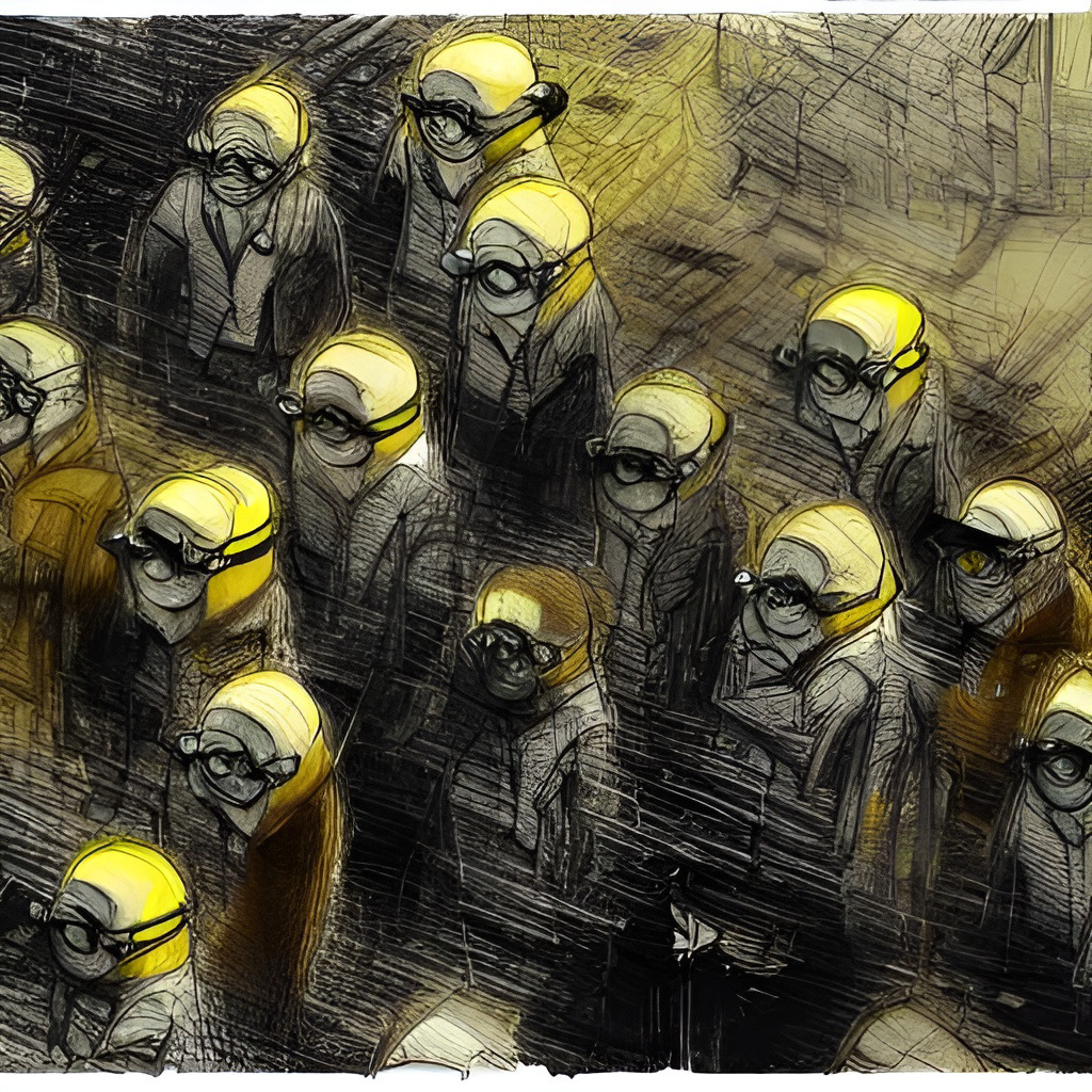 Multidão Anônima de Trabalhadores com Capacetes Amarelos