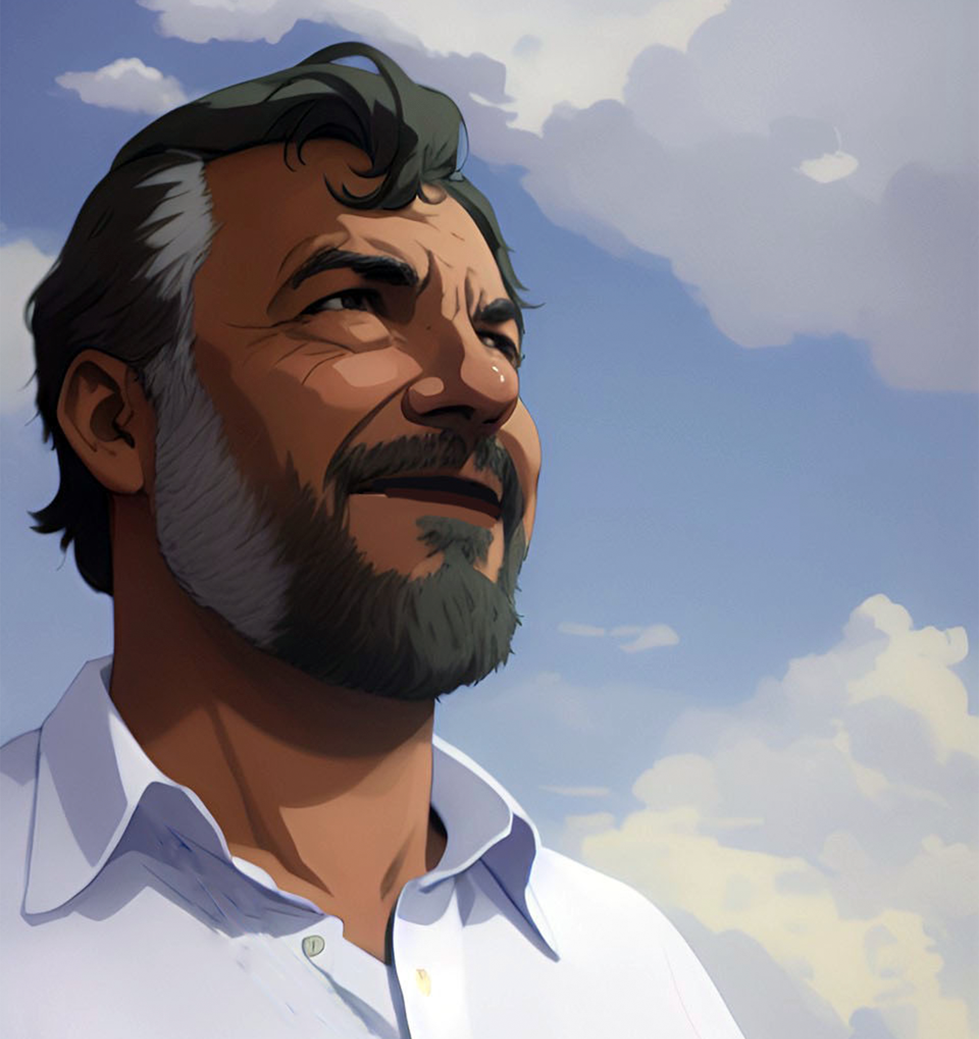 Olhar Otimista: Homem Barbudo Contempla o Céu Azul