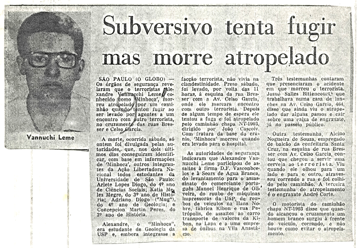 Alexandre Vannuchi Leme: Morte de Subversivo Atropelado