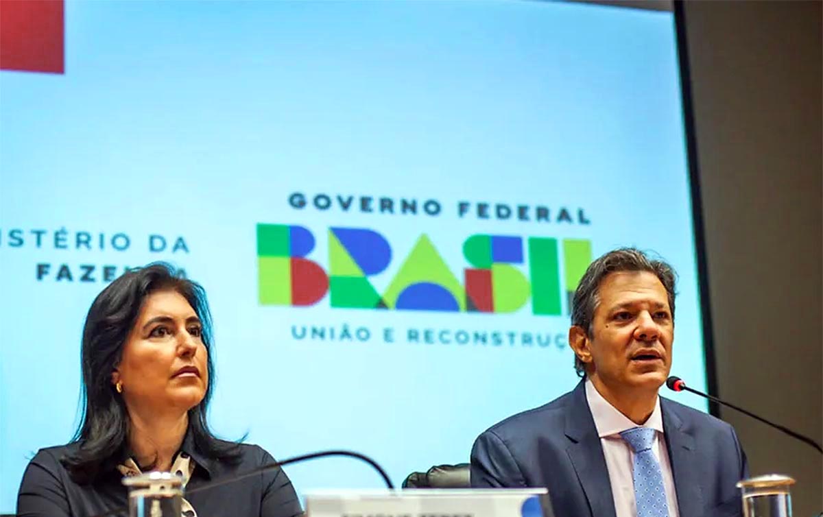 Ministros Haddad e Tebet em coletiva de imprensa sobre economia