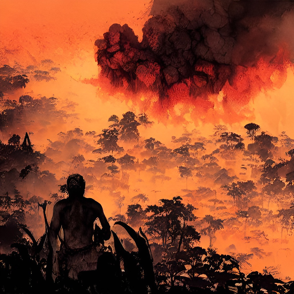 Homem diante da devastação: floresta em chamas e fumaça vermelha.