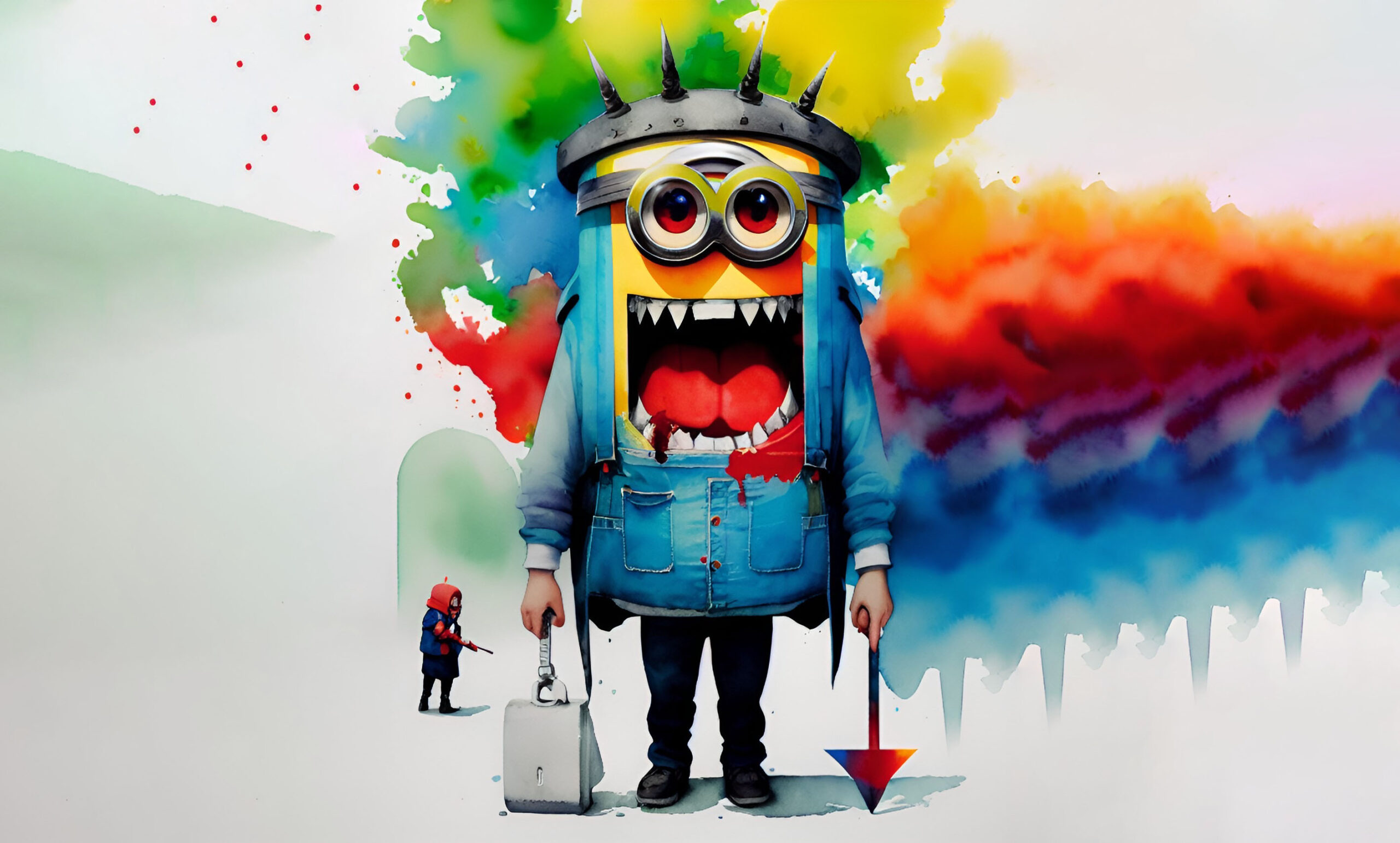 Minion Monstro, Crítica Colorida, Arte Surreal Aquarela