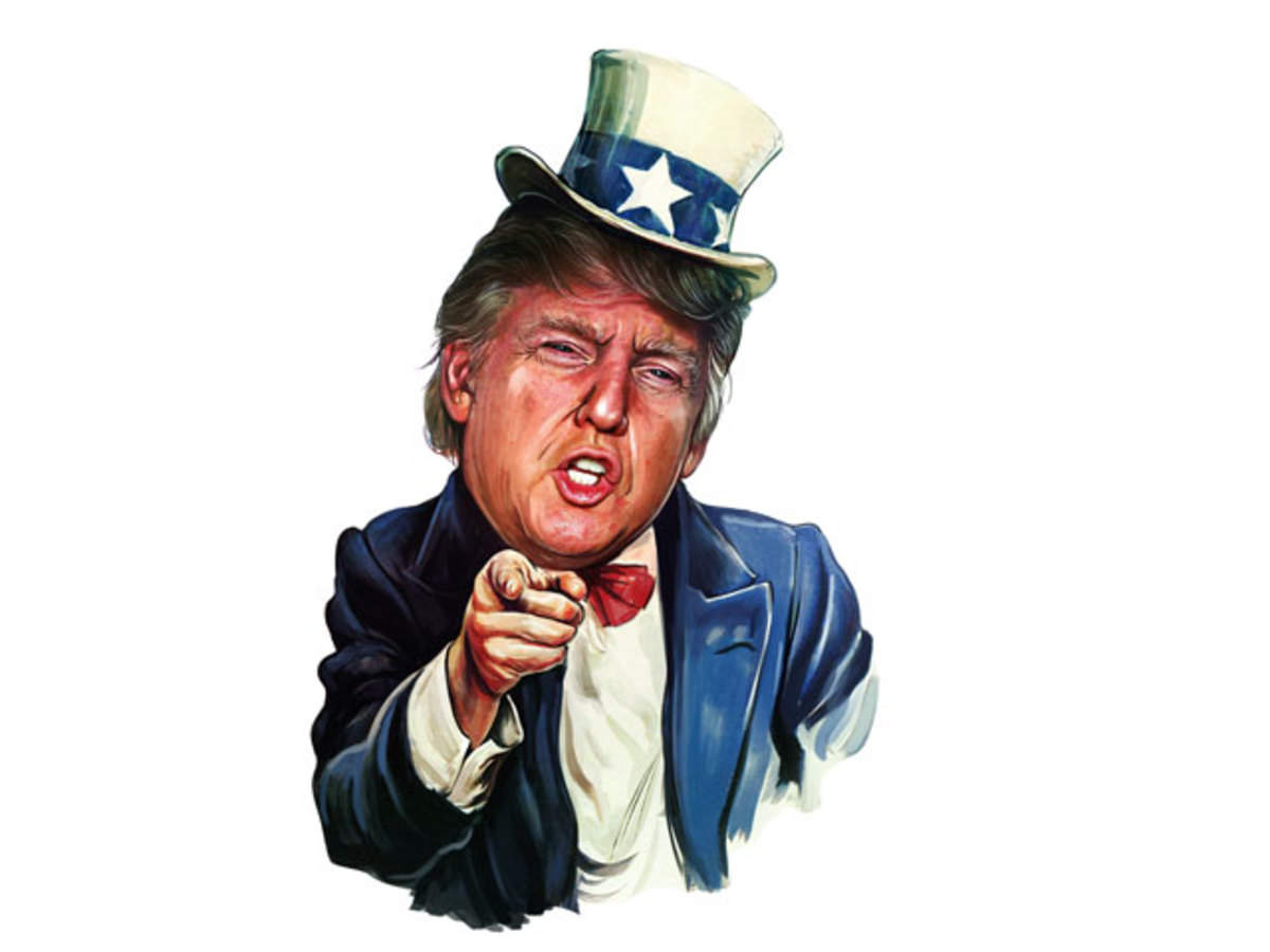 Trump Tio Sam Acusador: Caricatura Política com Chapéu Estrela