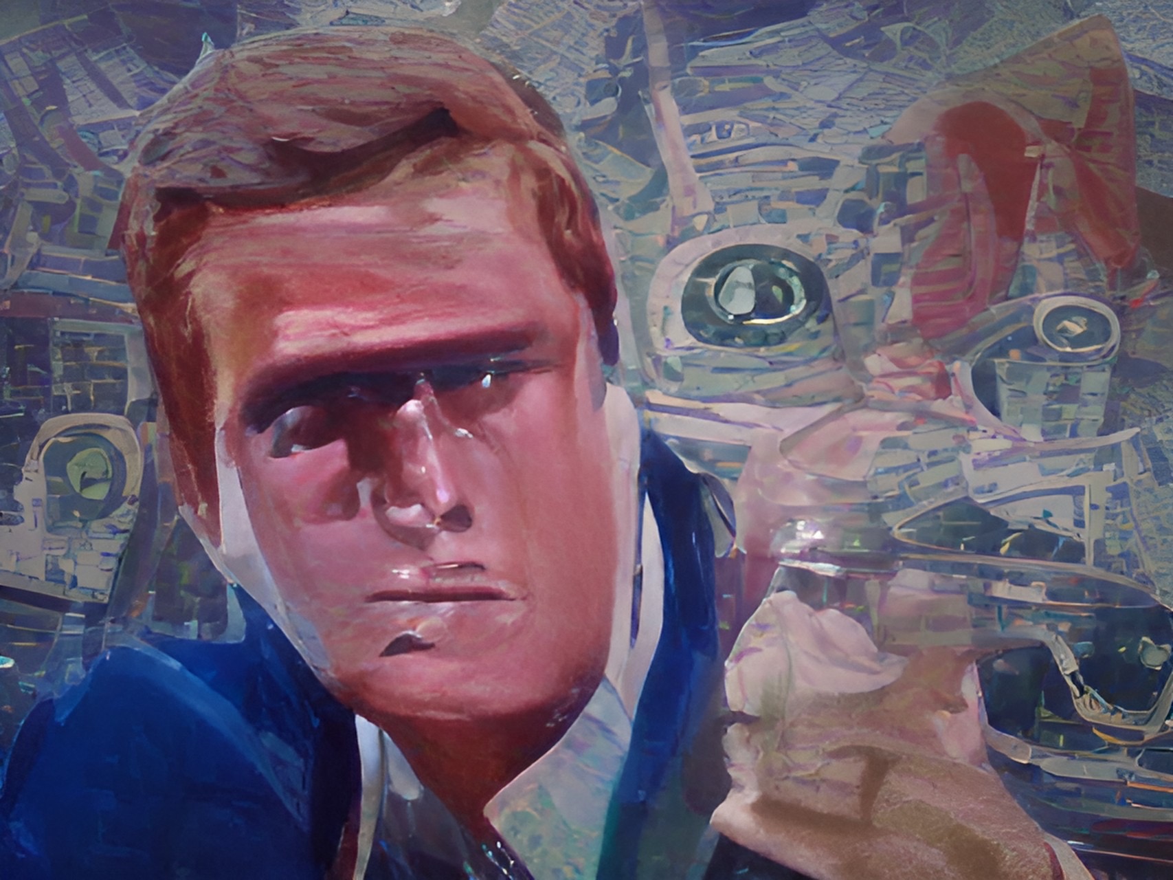 Retrato sério de homem em terno azul com fundo abstrato.