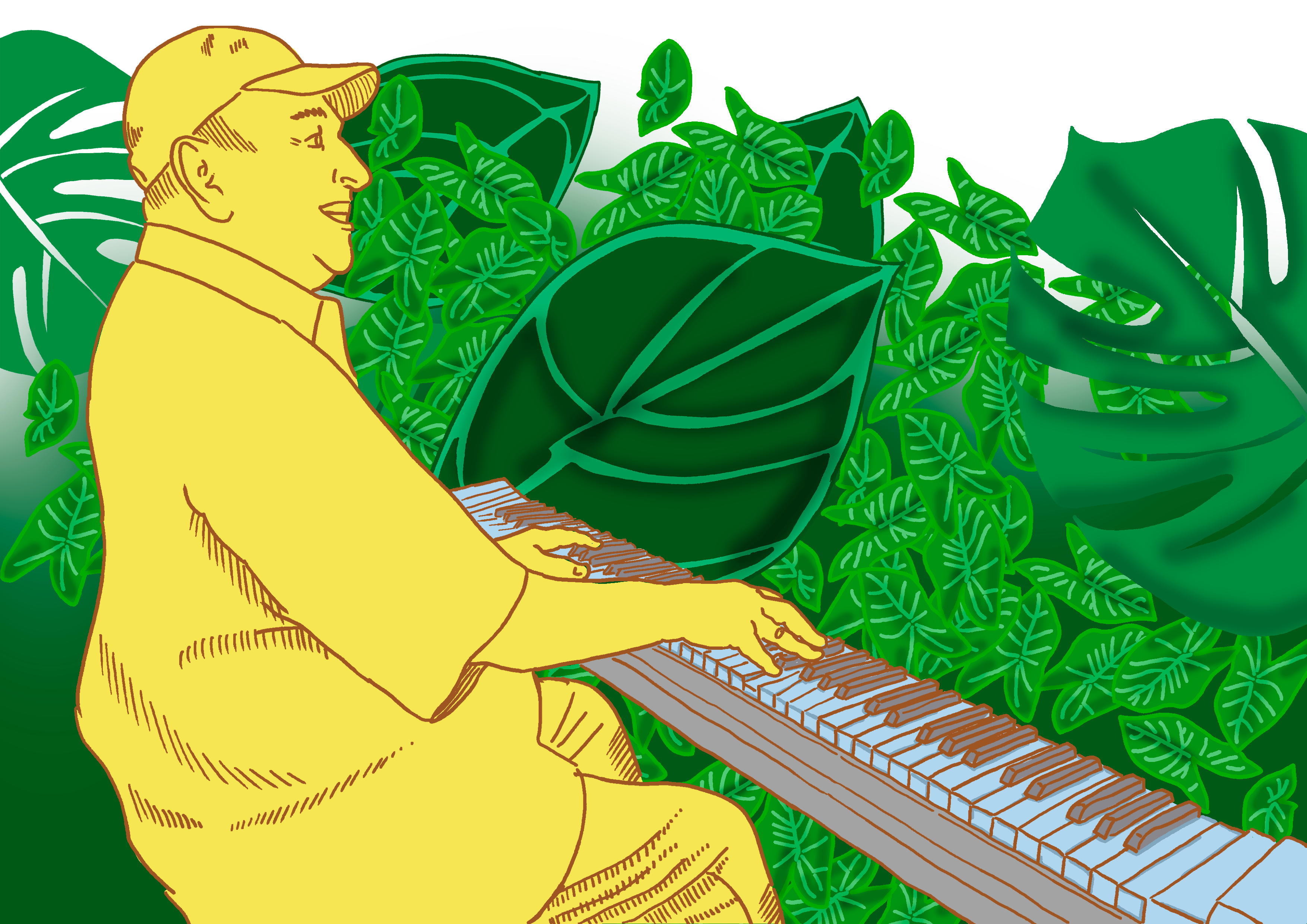 Músico sorridente tocando teclado em paisagem tropical.