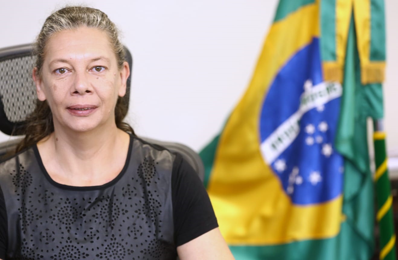 Mulher em Ambiente Institucional com Bandeira do Brasil