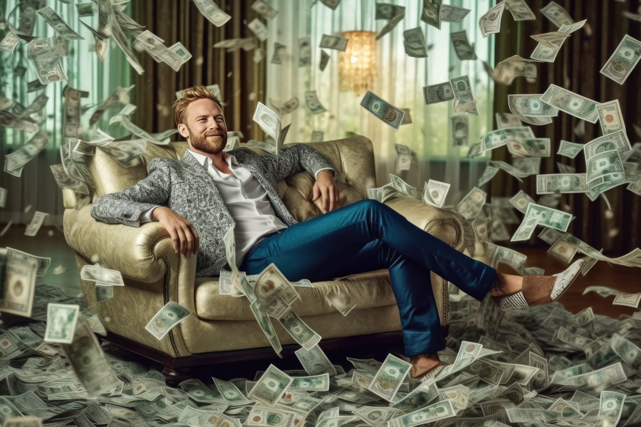 Homem relaxado em meio à chuva de dinheiro