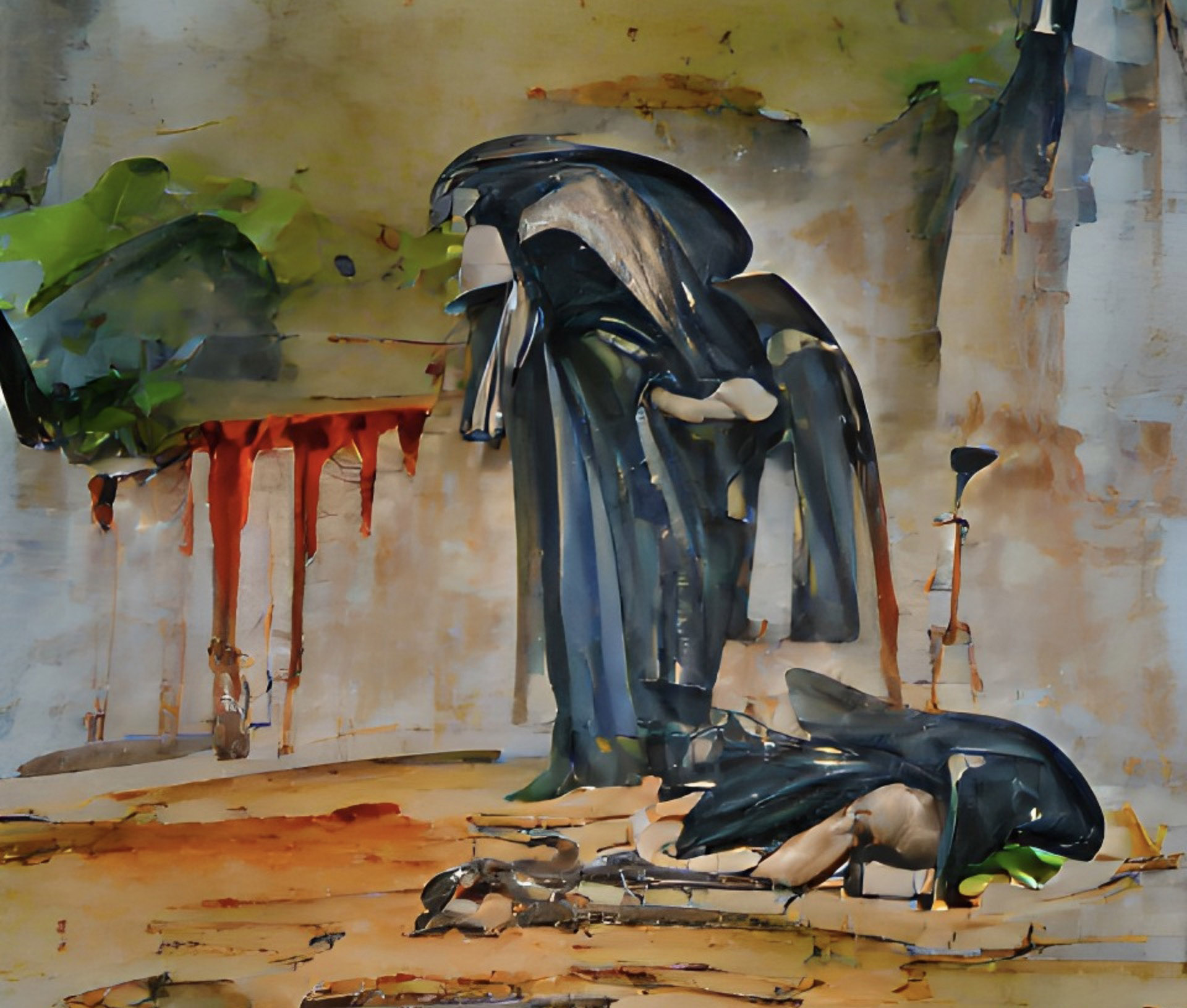 Luto e Tragédia: Figura Sombria em Cenário Abstrato