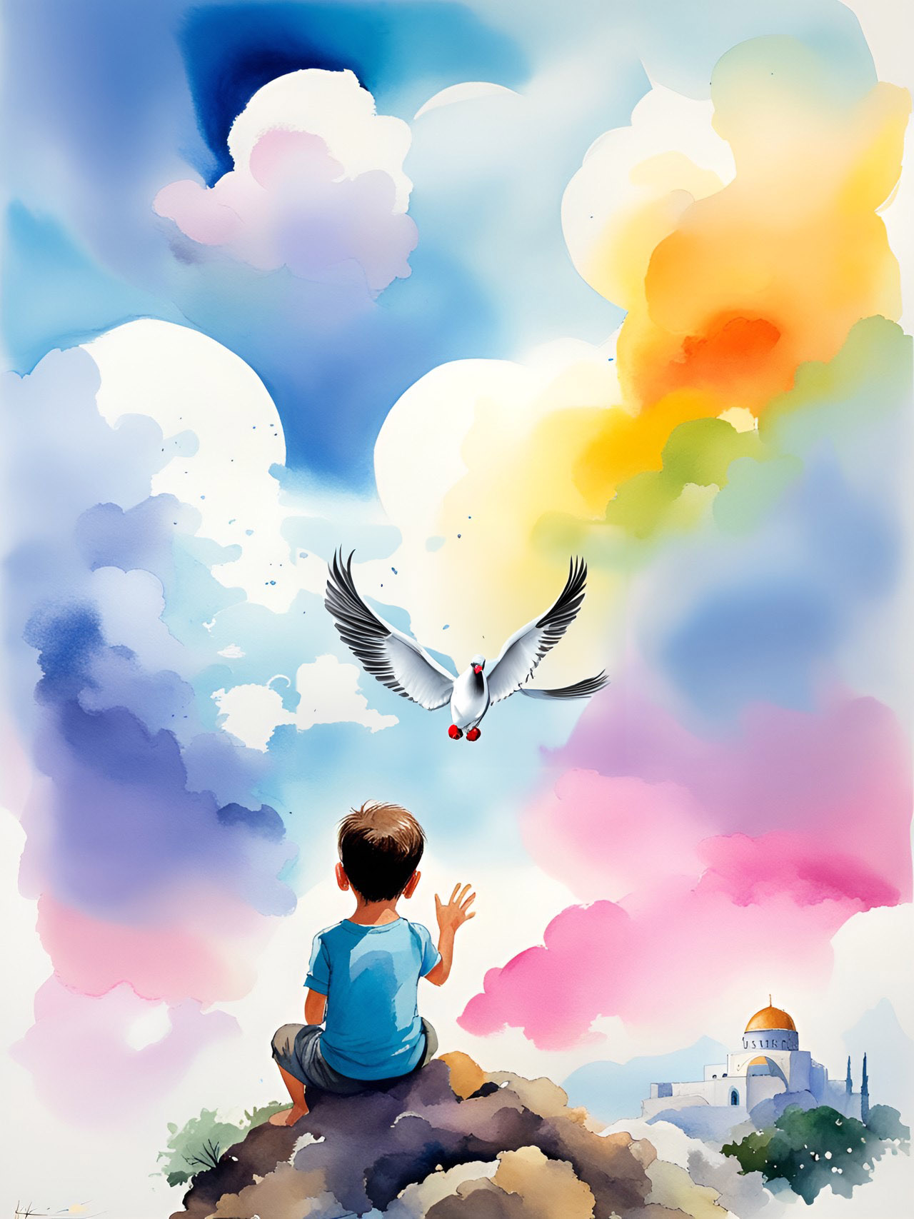 Esperança Infantil: Criança, Pomba e Paisagem de Paz Colorida.