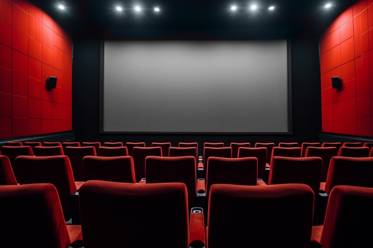 Sala de Cinema Vazia: Poltronas Vermelhas e Tela Branca