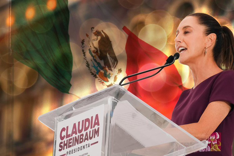 Claudia Sheinbaum em Discurso Presidencial com Bandeira Mexicana