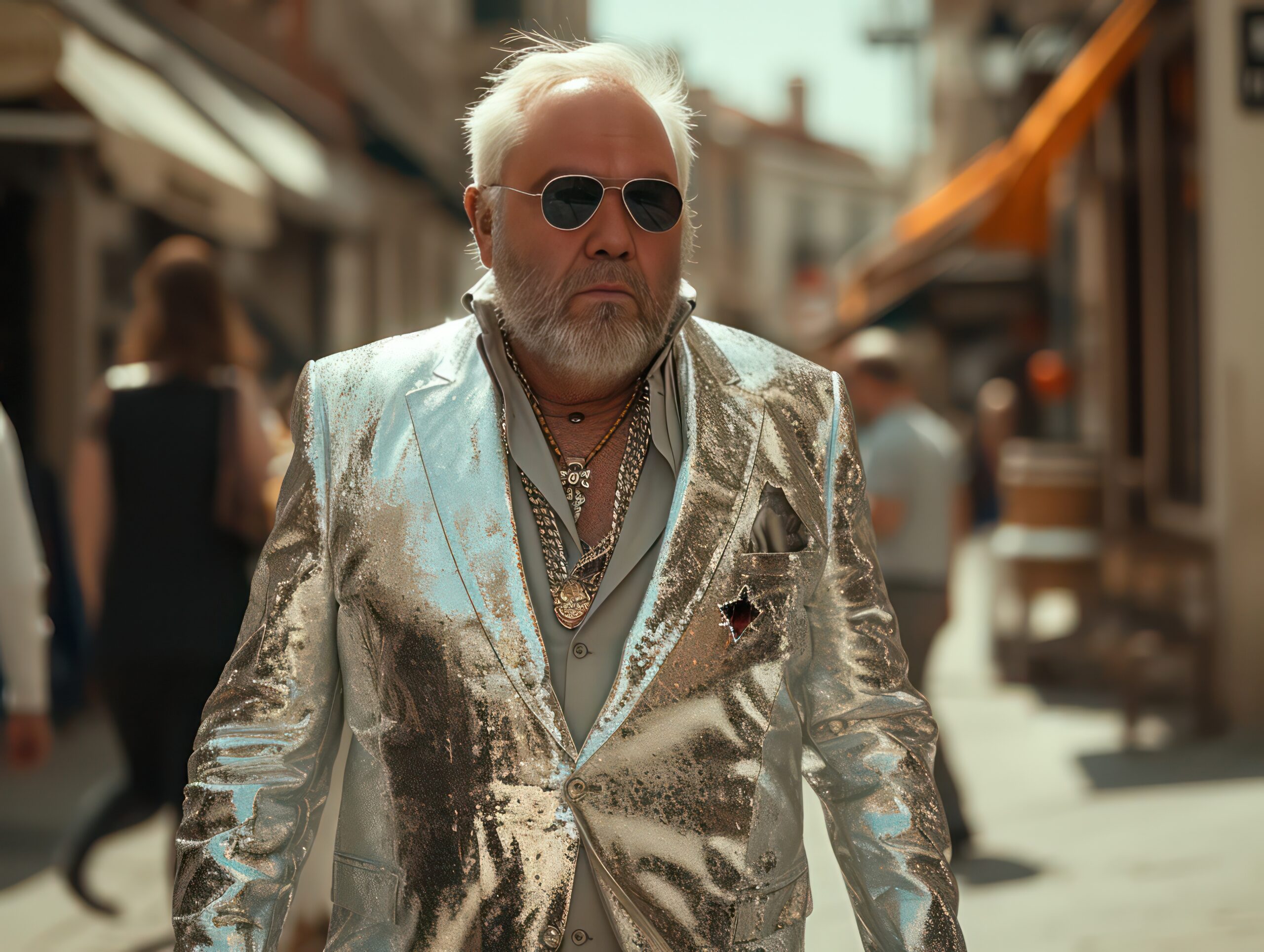 Homem de Blazer Metálico e Joias: Presença Urbana Distinta