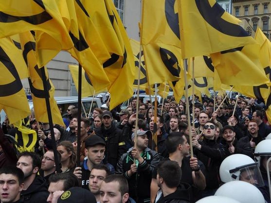 Multidão em Protesto com Bandeiras Anarco-Capitalistas