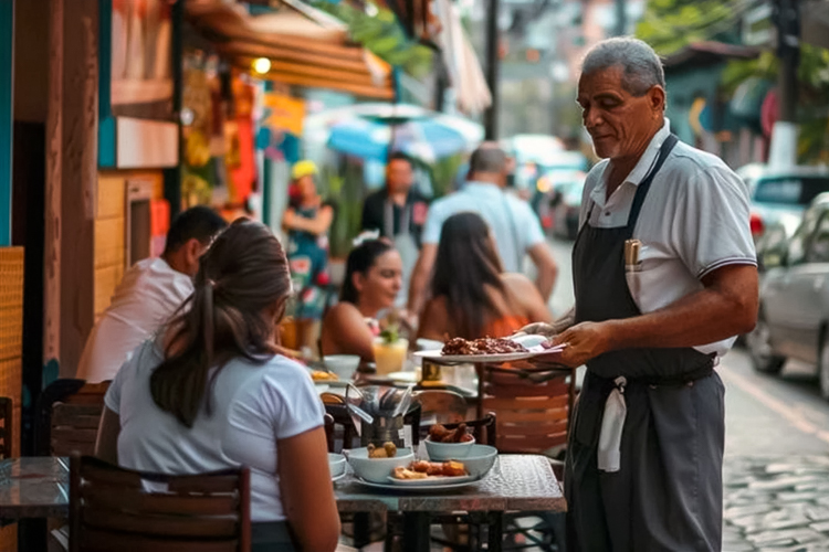 Garçom em restaurante de rua, reflexo da vida urbana.