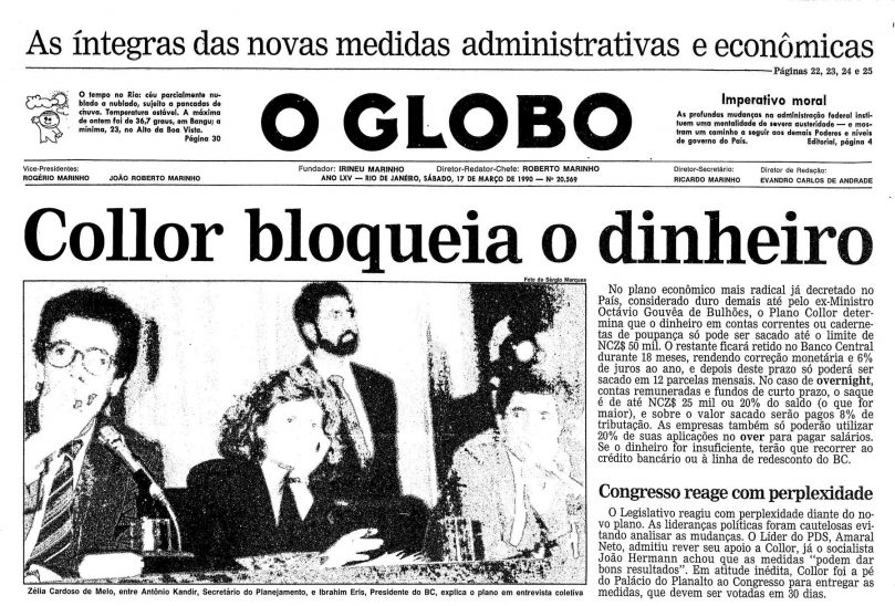 O GLOBO: Collor Bloqueia Dinheiro, Plano Econômico 1990