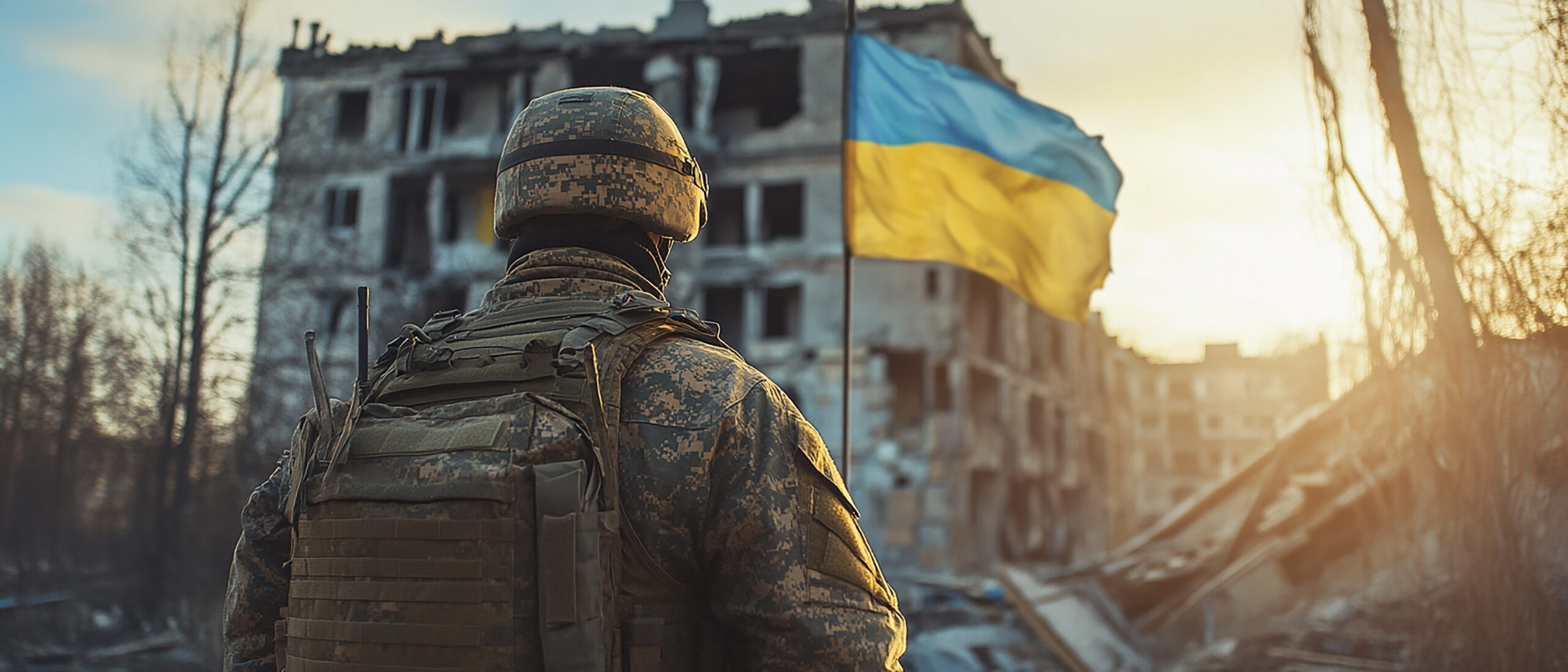 Soldado Ucraniano em Meio à Destruição com Bandeira ao Amanhecer